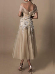 Embroidered off-the-shoulder tulle midi dress