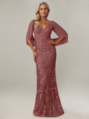 Sheath V-Neck Floor-Length Tulle Mother of the Bride Dress