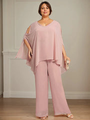 Separates Jumpsuit/Pantsuit V-Neck Floor-Length Chiffon Mother of the Bride Dress With Beading