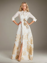 A-Line Scoop 3/4-Sleeve Floor-Length Formal Dress With Belt
