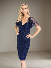 A-Line V-Neck Knee-Length Chiffon Evening Dress with Beaded
