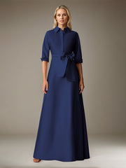 A-Line Shirt-Collar Floor-Length Satin Evening Dress