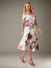 A-Line Off-the-Shoulder Tea-Length Satin Evening Dress