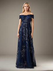 A-Line Off-the-Shoulder Floor-Length Tulle Evening Dress