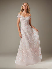A-Line V-Neck Floor-Length Tulle Evening Dress with Floral Embroidered
