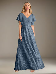 A-Line V-Neck Floor-Length Pleated Chiffon Mother of the Bride Dress