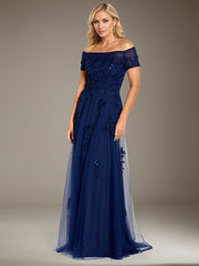 A-Line Off-the-Shoulder Floor-Length Tulle Mother of the Bride Dress
