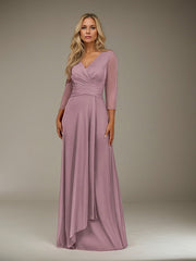 A-Line V-Neck Floor-Length Pleated Mesh Mother of the Bride Dress