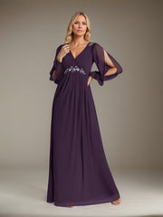A-Line V-Neck Floor-Length Sequins Chiffon Mother of the Bride Dress