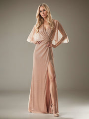 A-Line V-Neck Floor-Length Metallic Evening Dress