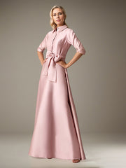 A-Line Shirt-Collar Floor-Length Satin Evening Dress