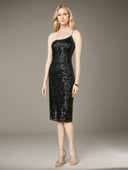 Sheath/Column One-Shoulder Knee-Length Sequin Cocktail Dress