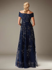 A-Line Off-the-Shoulder Floor-Length Tulle Evening Dress