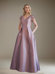 A-Line V-Neck Floor-Length Satin Mother of the Bride Dress with Beaded
