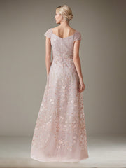 A-Line V-Neck Floor-Length Tulle Evening Dress with Floral Embroidered