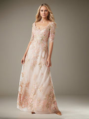 A-Line Scoop Floor-Length Tulle Evening Dress