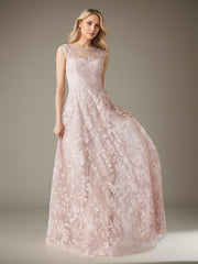 A-Line Scoop Short-Sleeve Floor-Length Chiffon Evening Dress