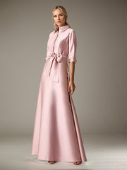 A-Line Shirt-Collar Floor-Length Satin Evening Dress