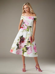 A-Line Off-the-Shoulder Tea-Length Satin Evening Dress