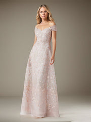 A-Line V-Neck Floor-Length Tulle Evening Dress with Floral Embroidered