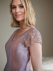 A-Line V-Neck Floor-Length Satin Mother of the Bride Dress with Beaded