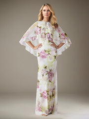 Sheath/Column Scoop Floor-Length Chiffon Evening Dress with Floral Ruffle