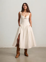 A-Line Sweetheart Tea-Length Satin Evening Dress