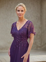 A-Line V-Neck Floor-Length Chiffon Mother of the Bride Dress with Beadings