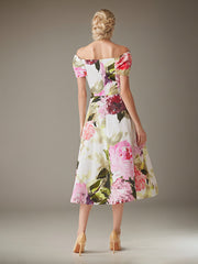 A-Line Off-the-Shoulder Tea-Length Satin Evening Dress