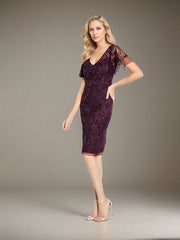 A-Line V-Neck Knee-Length Chiffon Evening Dress with Beaded