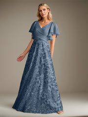 A-Line V-Neck Floor-Length Pleated Chiffon Mother of the Bride Dress