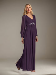 A-Line V-Neck Floor-Length Sequins Chiffon Mother of the Bride Dress