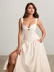 A-Line Sweetheart Tea-Length Satin Evening Dress
