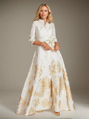 A-Line Scoop 3/4-Sleeve Floor-Length Formal Dress With Belt