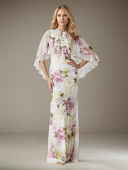 Sheath/Column Scoop Floor-Length Chiffon Evening Dress with Floral Ruffle