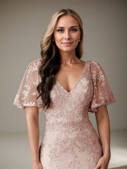 Trumpet/Mermaid V-Neck Floor-Length Tulle Mother of the Bride Dress