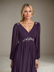 A-Line V-Neck Floor-Length Sequins Chiffon Mother of the Bride Dress