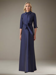 A-Line Shirt-Collar Floor-Length Satin Evening Dress