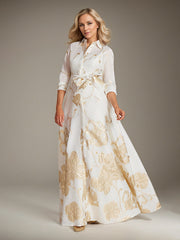 A-Line Scoop 3/4-Sleeve Floor-Length Formal Dress With Belt
