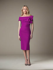 Sheath/Column Off-the-Shoulder Knee-Length Satin Evening Dress