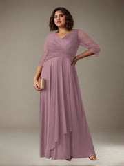 A-Line V-Neck Floor-Length Pleated Mesh Mother of the Bride Dress