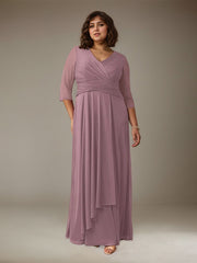 A-Line V-Neck Floor-Length Pleated Mesh Mother of the Bride Dress