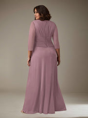 A-Line V-Neck Floor-Length Pleated Mesh Mother of the Bride Dress