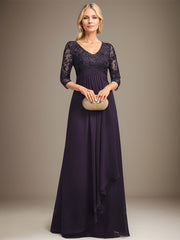 Empire V-Neck Floor-Length Lace Chiffon Mother of the Bride Dress With Cascading Ruffles Sequins