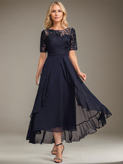 A-line Scoop Illusion Asymmetrical Lace Chiffon Mother of the Bride Dress