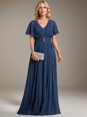 A-line V-Neck Floor-Length Chiffon Mother of the Bride Dress With Crystal Brooch Pleated