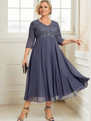 A-line V-Neck Tea-Length Chiffon Lace Mother of the Bride Dress With Beading