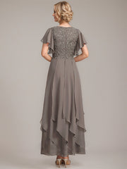 A-line V-Neck Ankle-Length Lace Chiffon Mother of the Bride Dress With Cascading Ruffles