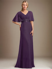 A-line V-Neck Floor-Length Chiffon Mother of the Bride Dress With Sequins Appliques Lace Pleated