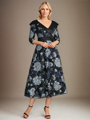 A-line V-Neck Collared Tea-Length Satin Floral Mother of the Bride Dress With Beading 3D Floral Sequins Pleated